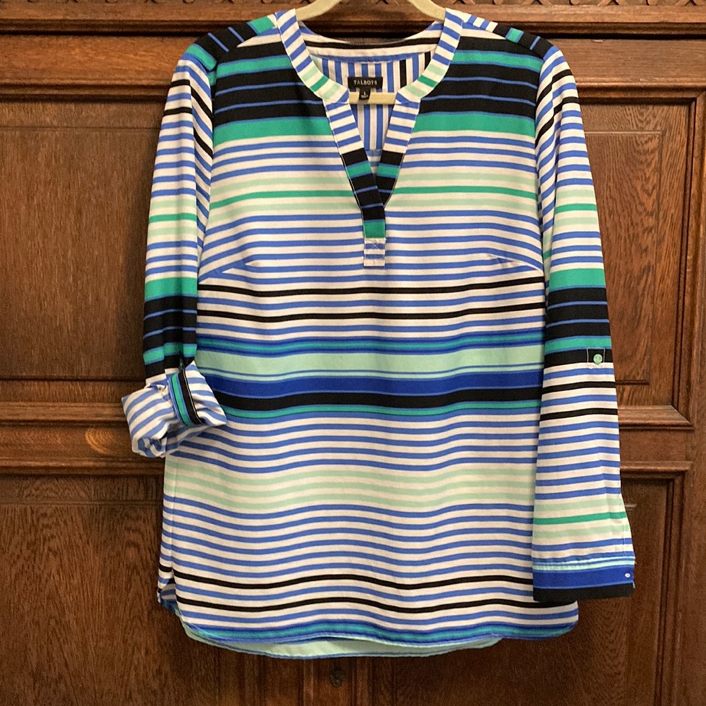 Crisply striped Talbots tunic (L) with long sleeves that roll to 3/4.
